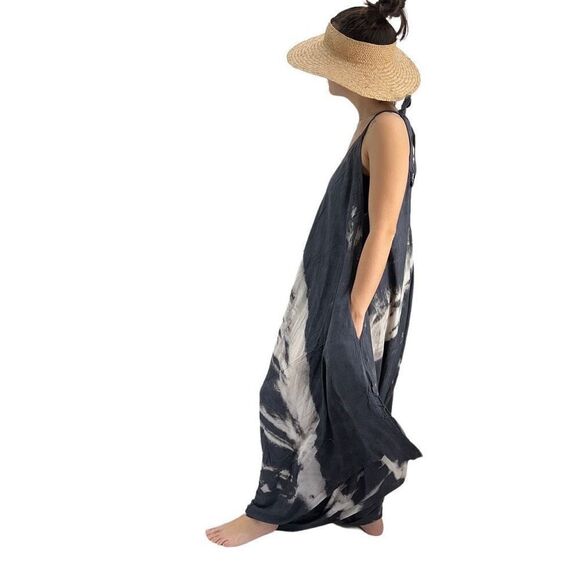 Pōʻalima Charcoal Gray Ivory Tropical Boho Wide Leg Beach Romper - Picture 15 of 16